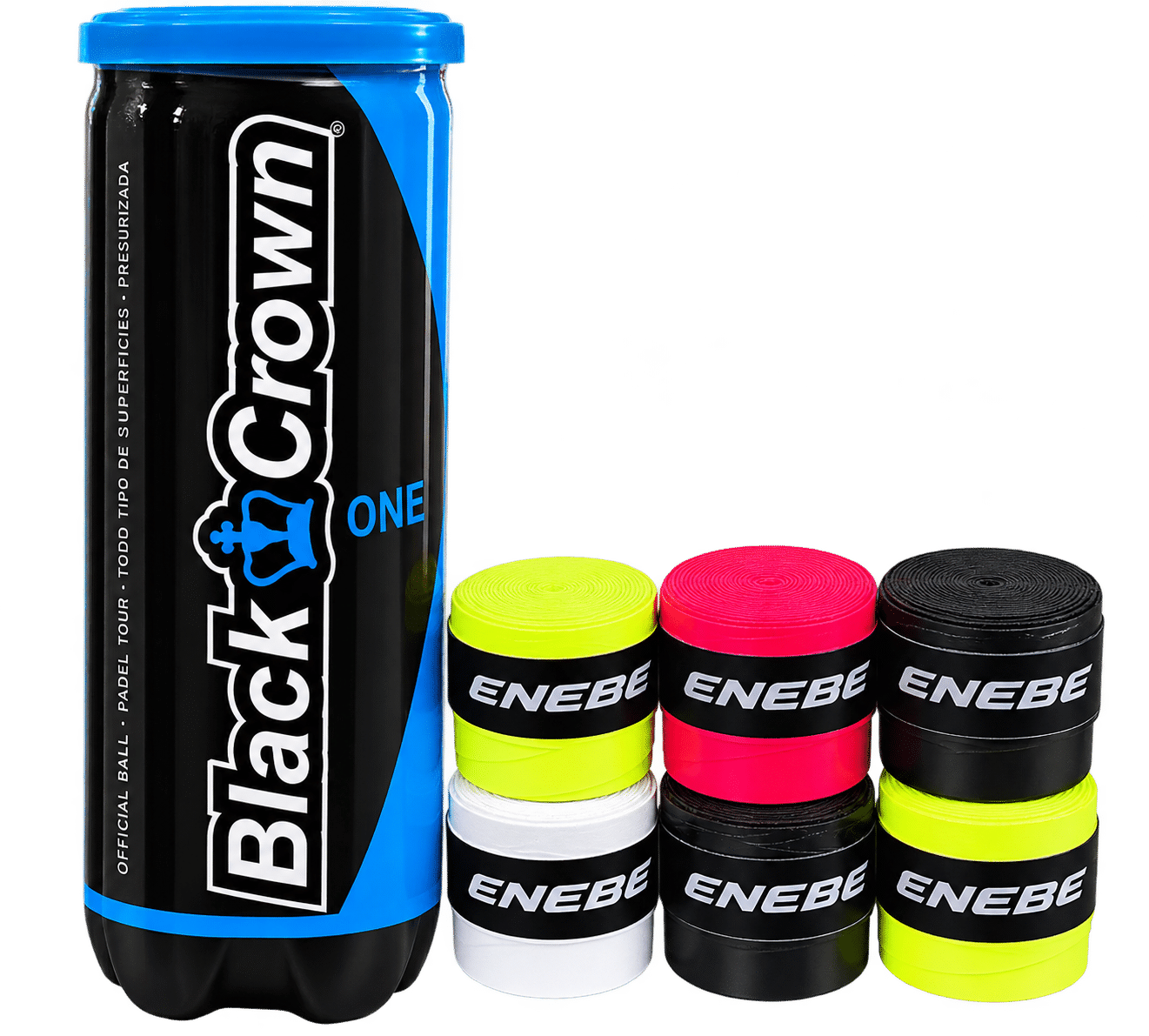 Pack de pelotas Black Crown One con 6 overgrips Enebe de colores